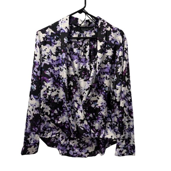 Apt. 9 Purple Black Floral Long Sleeve Faux Wrap Blouse Size L Top - Picture 6 of 12